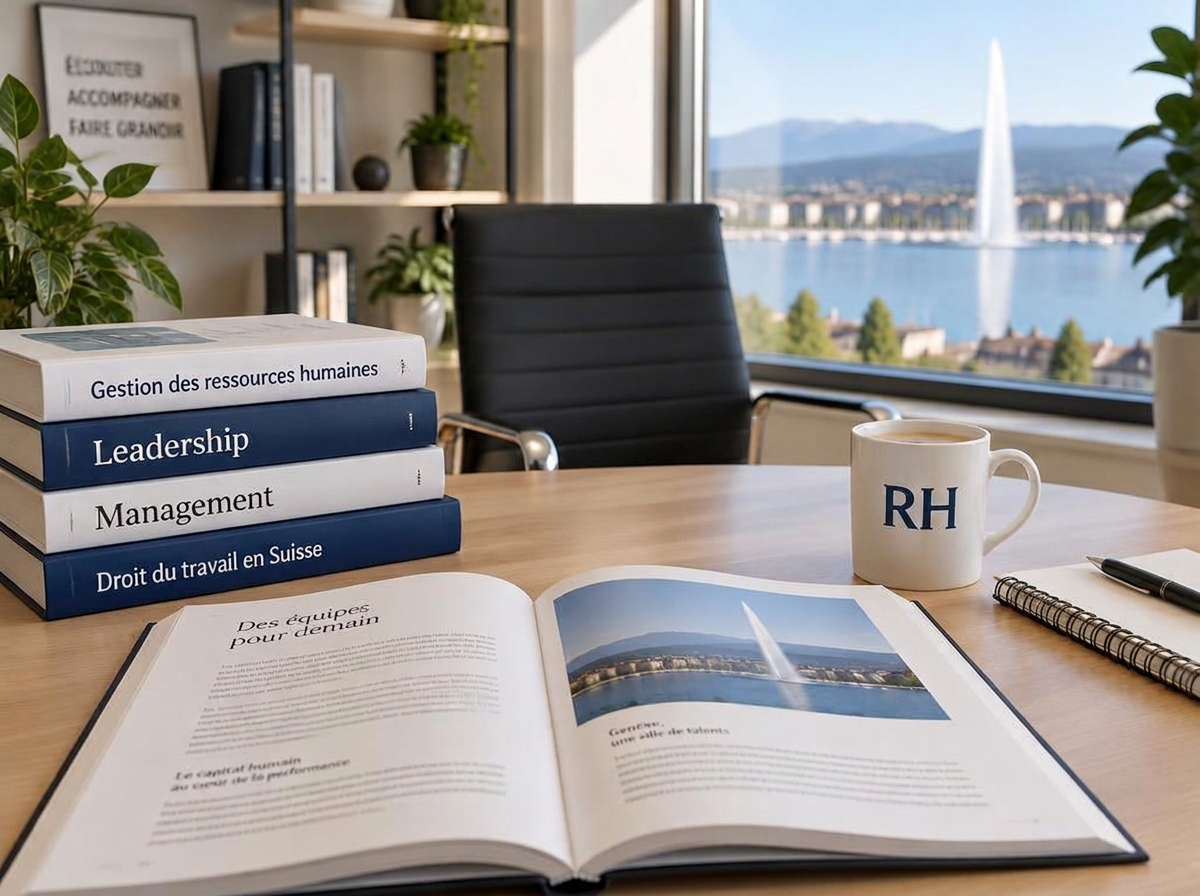 Bureau RH avec livres, tasse marquée RH et vue sur Genève